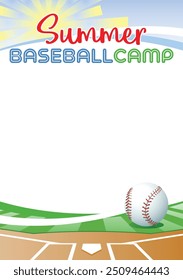 Campamento de béisbol de verano. Cartel de la Plantilla con la pelota de béisbol realista. Lugar para su mensaje de texto. Ilustración vectorial.