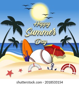 Summer baseball poster. Happy summer day. Pattern for design poster, logo, emblem, label, banner, icon. Baseball template on isolated background. Vector illustration
