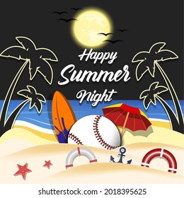 Summer baseball poster. Happy summer night. Pattern for design poster, logo, emblem, label, banner, icon. Baseball template on isolated background. Vector illustration