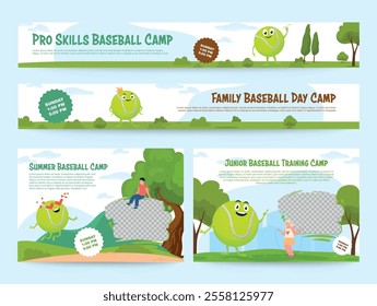 Summer baseball training camp banner header with copy space design template set vector illustration. Family and childish athletic sport team competition announce with ball cartoon character