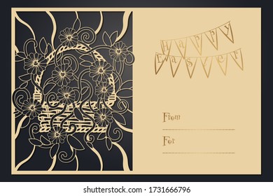 Summer basket with flowers. Papercut template, laser cutting. Rustic motif for openwork card.