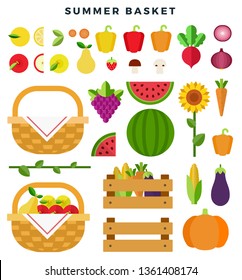 Summer basket with fresh fruits and vegetables. Healthy eating concept. Fruits, vegetables, sunflower, baskets, boxes, isolated on white background. Fresh summer harvest concept. Vector illustration.