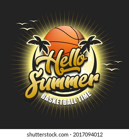 Summer basketball logo. Hello summer. Basketball time. Pattern for design poster, logo, emblem, label, banner, icon. Basketball template on isolated background. Vector illustration