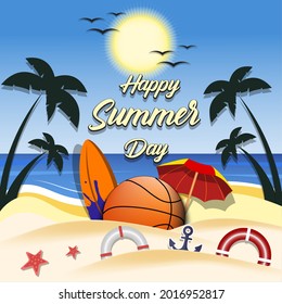 Summer basketball poster. Happy summer day. Pattern for design poster, logo, emblem, label, banner, icon. Basketball template on isolated background. Vector illustration