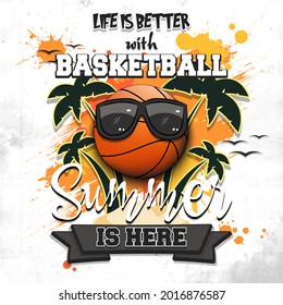 Summer basketball poster. Life is better with basketball. Summer is here. Pattern for design poster, logo, emblem, label, banner, icon. Grunge style. Vector illustration