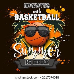 Summer basketball poster. Life is better with basketball. Summer is here. Pattern for design poster, logo, emblem, label, banner, icon. Grunge style. Vector illustration