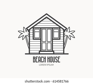 Summer bath house vector illustration. Beach house logo or label template in linear style. Travel agency logotype in thin line design. Beach hut outline icon.