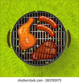 Summer BBQ With Chicken Legs, Sausage And Beef Steak Grilling, Freehand Drawing, Top View