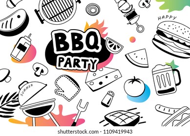 Summer BBQ Doodles Symbol And Objects Icon For Party Background. Barbecue Picnic In Hand Drawn Style. Use For Labels, Stickers, Badges, Poster, Flyer, Banner, Illustration Design.