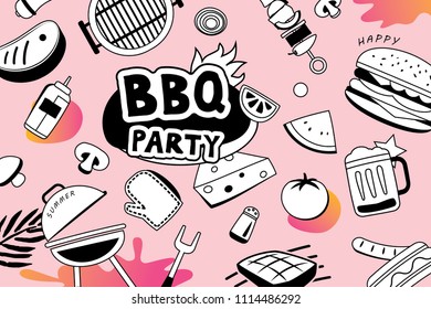Summer BBQ doodles symbol and objects icon for party background. Barbecue picnic in hand drawn style. Use for labels, stickers, badges, poster, flyer, banner, illustration design.