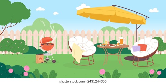 Summer bbq in garden. Chairs on backyard, food on table. Resting on nature with grill or barbecue. Relaxing summer or spring time, racy vector scene