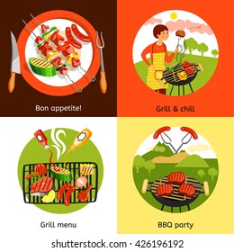 Summer bbq grill outdoor party appetizing menu 4 flat icons square composition banner abstract isolated vector illustration