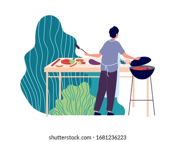 Summer BBQ. Man fried meat on nature. Summertime picnic, man cooking fresh food vector illustration