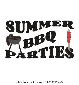 Summer Bbq parties invitation with grill. Barbecue groovy poster. Food flyer. Flat style, vector illustration.
