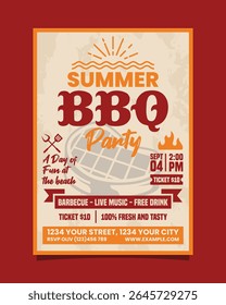 Summer BBQ Party Portrait flyer, bbq invitation retro style poster vector template design