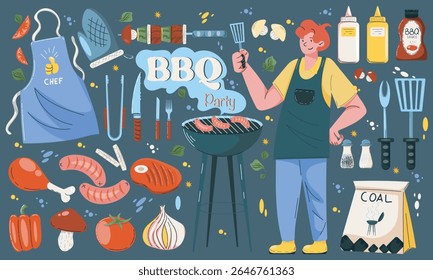 Summer BBQ party sticker set. Grilling man, barbecue tools, sausages, apron, coal, meat, vegetables. Fun retro cookout elements and food labels