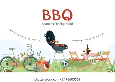 Summer BBQ picnic border. Hand drawn horizontal seamless pattern, baskets full of delicious, bbq grill party, furniture for relax outdoor. Great for textiles, banners, wallpaper