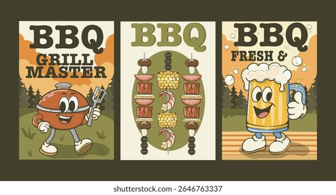 Summer BBQ poster set with grill, skewers, and beer characters. Funny barbecue food mascots in retro comic style