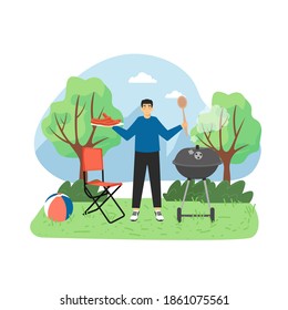 Summer bbq scene. Happy man cartoon character holding plate with tasty grilled sausages, flat vector illustration. Barbecue food, cookout, outdoor picnic, bbq party.