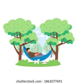 Summer bbq scene. Man lying in hammock and reading book in the park, flat vector illustration. Summer outdoor picnic, bbq party.