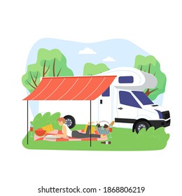 Summer bbq scene. Young woman reading magazine lying on blanket next to camper van, flat vector illustration. Girl traveling by motorhome. Summer holiday camp, bbq party.