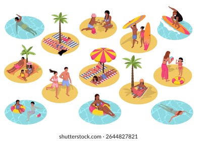 Summer beach 3d isometric set. Collection isolated flat elements of swimming in sea, children playing in sand, surfing, surfboard, woman and man relax at resort, sunbathing, more. Vector illustration.