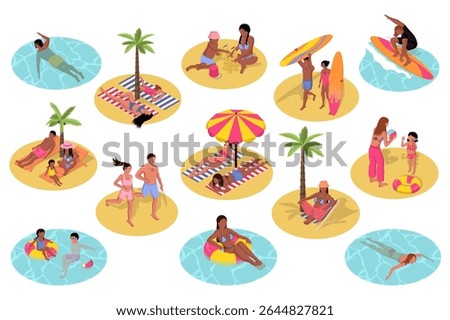 Summer beach 3d isometric set. Collection isolated flat elements of swimming in sea, children playing in sand, surfing, surfboard, woman and man relax at resort, sunbathing, more. Vector illustration.