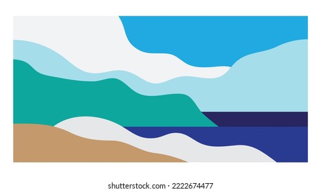 playa de verano paisaje abstracto de color plano para el fondo. afiche paisaje moderno de ilustración plana.