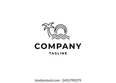 diseño de logo lineal abstracto de playa de verano con olas, sol y palmeras Elementos