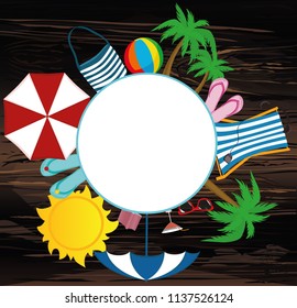 Summer beach accessories. Banner design with white circle for text. Vector on wooden background.