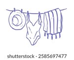 Summer beach accessories dried on a rope. Straw hat, woman one piece swimsuit and blanket hanged wet with clothespins. Summer theme vector illustration in ink doodle hand drawn line art style.