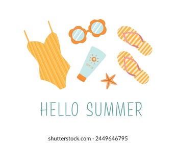 Summer beach accessories with hello summer phrase. Summer invitation, background, banner, card, promotion, sale, travel. Summer swimwear, glasses, sunscreen, flip flops, hat