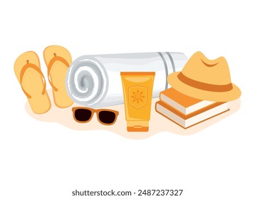 Summer beach accessories icon set vector isolated on a white background. Towel, sunscreen, hat, book, sunglasses and flip flops vector illustration. Summer beach accessories for sunbathing drawing