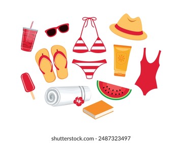 Summer beach accessories icon set vector isolated on a white background. Swimwear, towel, sunscreen, sun hat, book, sunglasses, flip flops, food and drink vector illustration