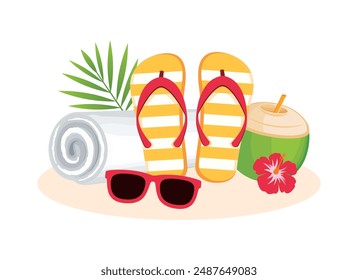 Summer beach accessories icon set vector isolated on a white background. Flip flops, towel, sunglasses, coconut drink, hibiscus flower vector illustration. Exotic summer vacation symbol