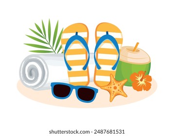 Icono de los accesorios de playa de verano Vector aislado sobre un fondo blanco. Chanclas, toalla, gafas de sol, estrella de mar, bebida de coco, Ilustración vectorial de flores de hibisco. Exótico símbolo de vacaciones de verano