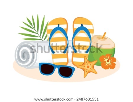 Summer beach accessories icon set vector isolated on a white background. Flip flops, towel, sunglasses, starfish, coconut drink, hibiscus flower vector illustration. Exotic summer vacation symbol
