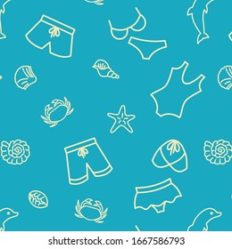 Summer beach accessories icons pattern. Summer travel seamless background. Seamless pattern vector illustration