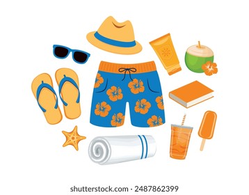 Summer beach accessories for Men icon set vector isolated on a white background. Swimming trunks, towel, sunscreen, sun hat, book, sunglasses, flip flops, food and drink vector illustration