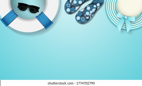 Summer beach accessories on a blue background, top view. Empty summer templates. Background for summer layouts