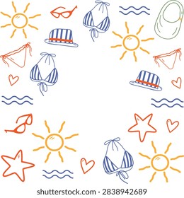 Summer Beach Accessories Rectangular frame border Copyspace Template in Mediterranean trendy palette. Isolated Vector illustration Branding, packaging or social media promotional material or greetings