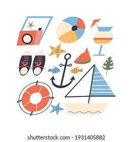 SommerBeach Accessoires für Ferien und Urlaub am Meer für den Tourismus. Flacher Stil. Vektorgrafik