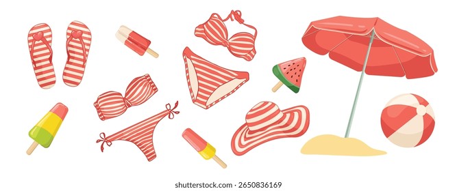 Summer beach accessories. Striped pink slippers, beach ball, sun umbrella, ice cream, swimsuit and hat. Vector collection on transparent background. For stickers, decor and design.