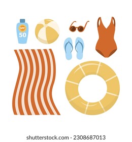 Summer beach accessories. Swimming suit, sunglasses, beach towel, sunscreen, flip flops, floating ring and ball. 