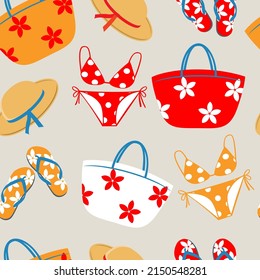 Summer beach accessories: swimsuit, flip-flops, panama hat, beach bag. Vector seamless pattern. Red, orange and white. Prints for fabrics, wrapping paper