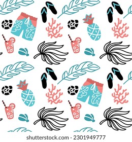 Summer beach accessories and tropical leaves.  Seamless pattern. Vector.