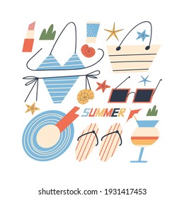 Accesorio de playa de verano para vacaciones y vacaciones junto al mar para mujeres. Estilo plano. Vector