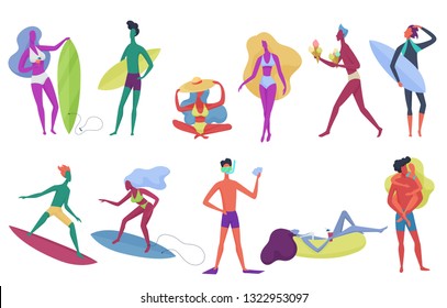 Summer beach active happy young tiny people cartoon vector illustration set.