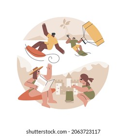 Summer beach activities abstract concept vector illustration. Beach club activities, family vacation, volleyball, jet ski rental, surfing and diving classes, lounge service abstract metaphor.