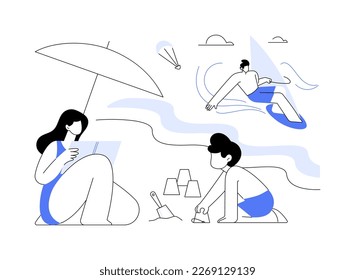 Las actividades de la playa de verano abstraen el concepto de ilustración vectorial. Actividades de club de playa, vacaciones familiares, voleibol, alquiler de motos acuáticas, clases de surf y submarinismo, metáfora abstracta del servicio de salón.